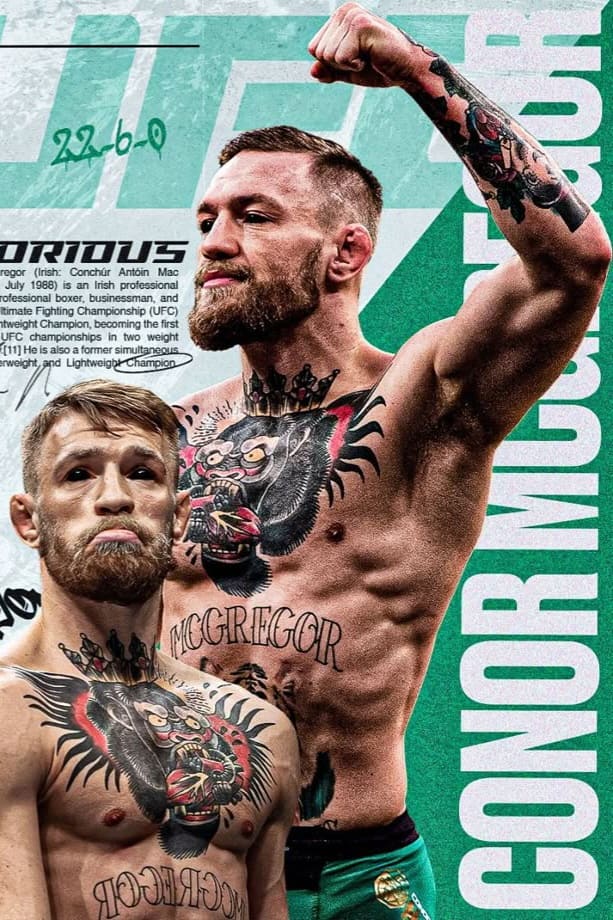 Two images of a tattooed male MMA fighter are blended together: one shows him standing confidently with arms down, the other raising a fist. The bold background features his name and an IPTV Latino logo, adding a modern streaming vibe.