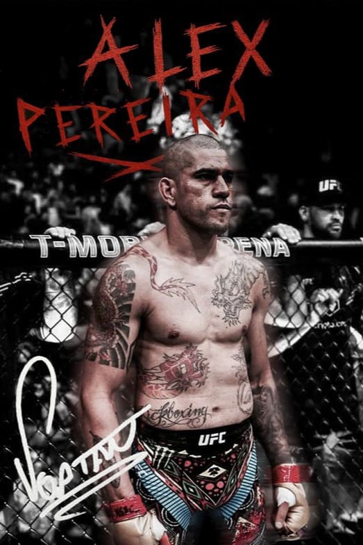 A muscular male MMA fighter stands in the UFC octagon, wearing black shorts with a tribal design. “Alex Pereira” is written in red above, while an IPTV Latino logo and a white autograph appear across the lower part of the image.