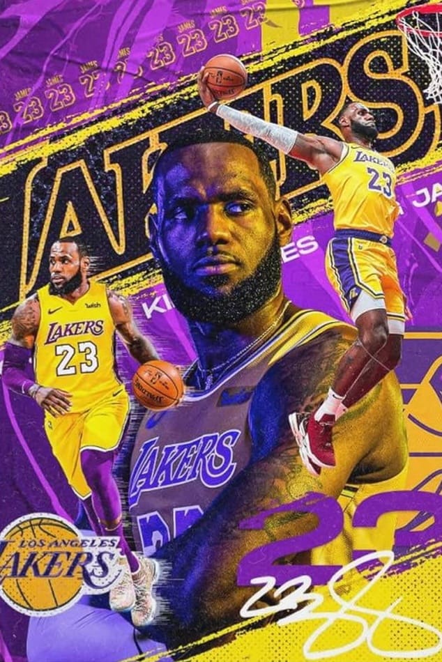 A vibrant collage of a Los Angeles Lakers basketball player in jersey number 23, shown dribbling, dunking, and posing confidently against a bold purple and yellow background, highlights the energy of IPTV Latino sports streaming.