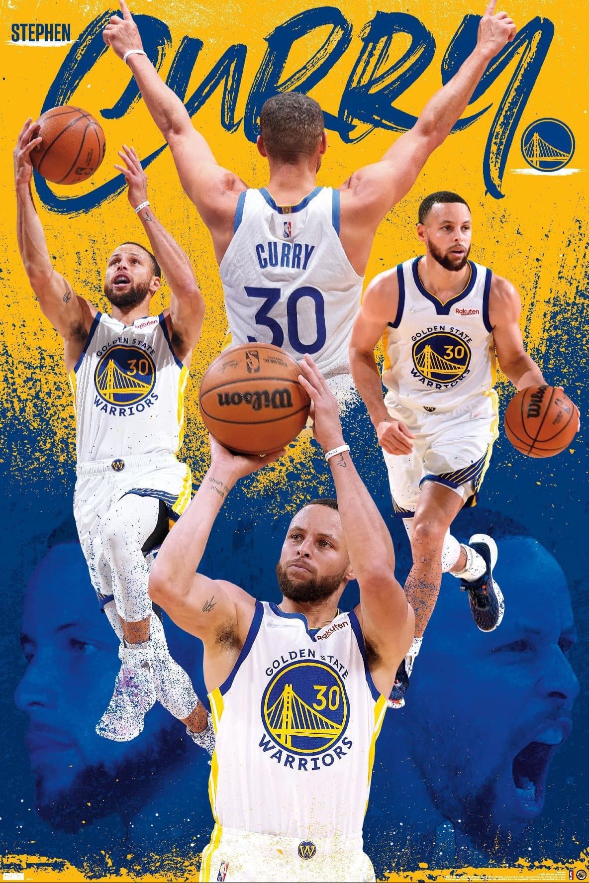 A collage of Stephen Curry in various action poses wearing the Golden State Warriors uniform, set against a yellow and blue IPTV Latino-inspired background, with his name Curry boldly displayed at the top.