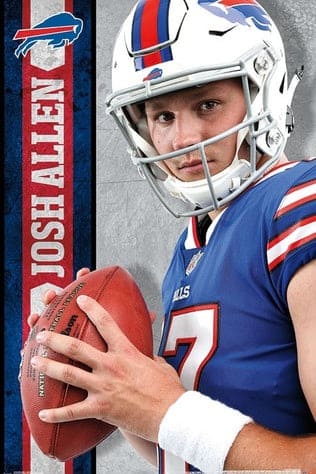 A football player in a blue Buffalo Bills uniform and helmet holds a football, looking at the camera. Josh Allen and the Buffalo Bills logo appear on a vertical blue and red banner next to him, with an IPTV Latino overlay featured.