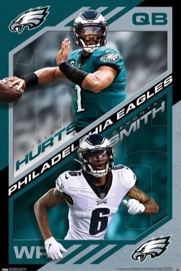 Poster featuring two Philadelphia Eagles players: at the top, a quarterback in a teal uniform preparing to throw; at the bottom, a wide receiver in white running. Team name, logos, player names, and IPTV Latino branding are displayed.