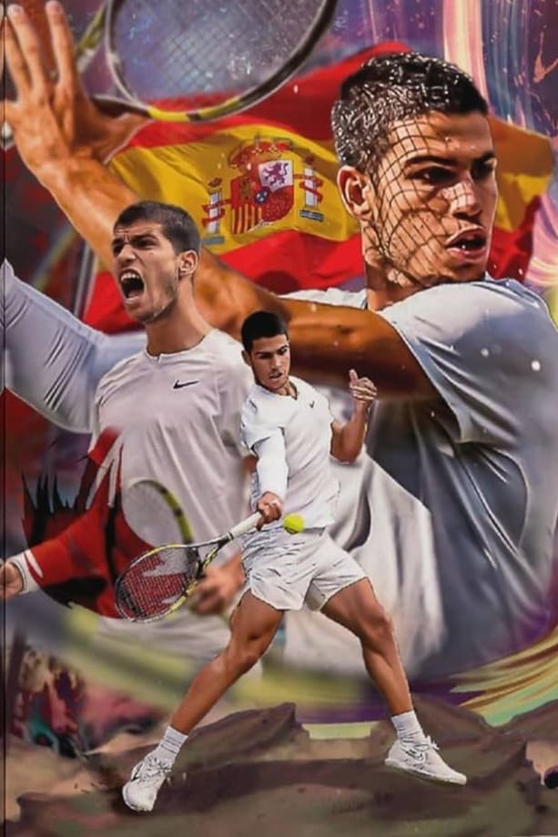 A dynamic collage of a male tennis player in various action poses, all wearing white, with a Spanish flag and an IPTV Latino broadcast theme in the background, highlighting his intensity and athleticism on the court.