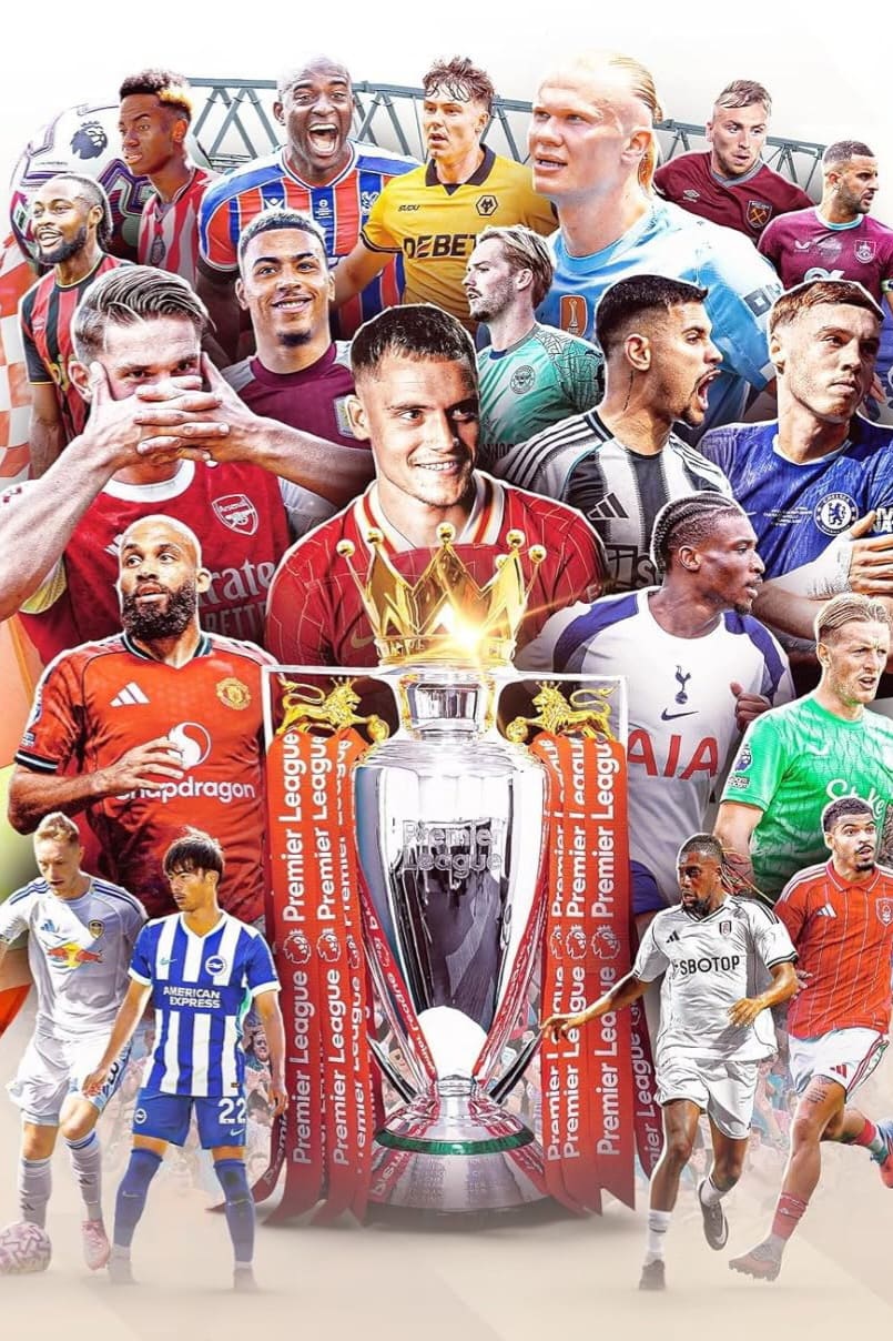 A collage of Premier League football players from various teams, featured on IPTV Latino, surrounds the Premier League trophy, with each player wearing their team's kit and celebrating or posing in action.