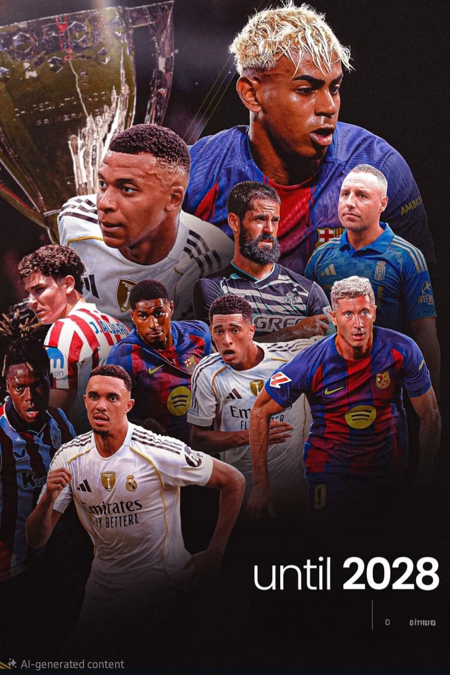 A collage of male soccer players from various teams, including Real Madrid and Barcelona, is shown with a trophy in the background. The text "until 2028" appears at the bottom, highlighting IPTV Latino coverage.