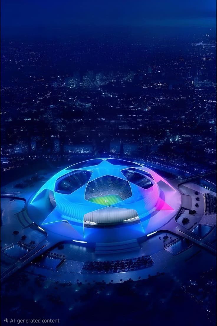 A large stadium illuminated by colorful blue and purple lights, featuring a glowing star pattern on the roof, stands out against the dark cityscape at night. The green field inside is visible—perfect for streaming with IPTV Latino.