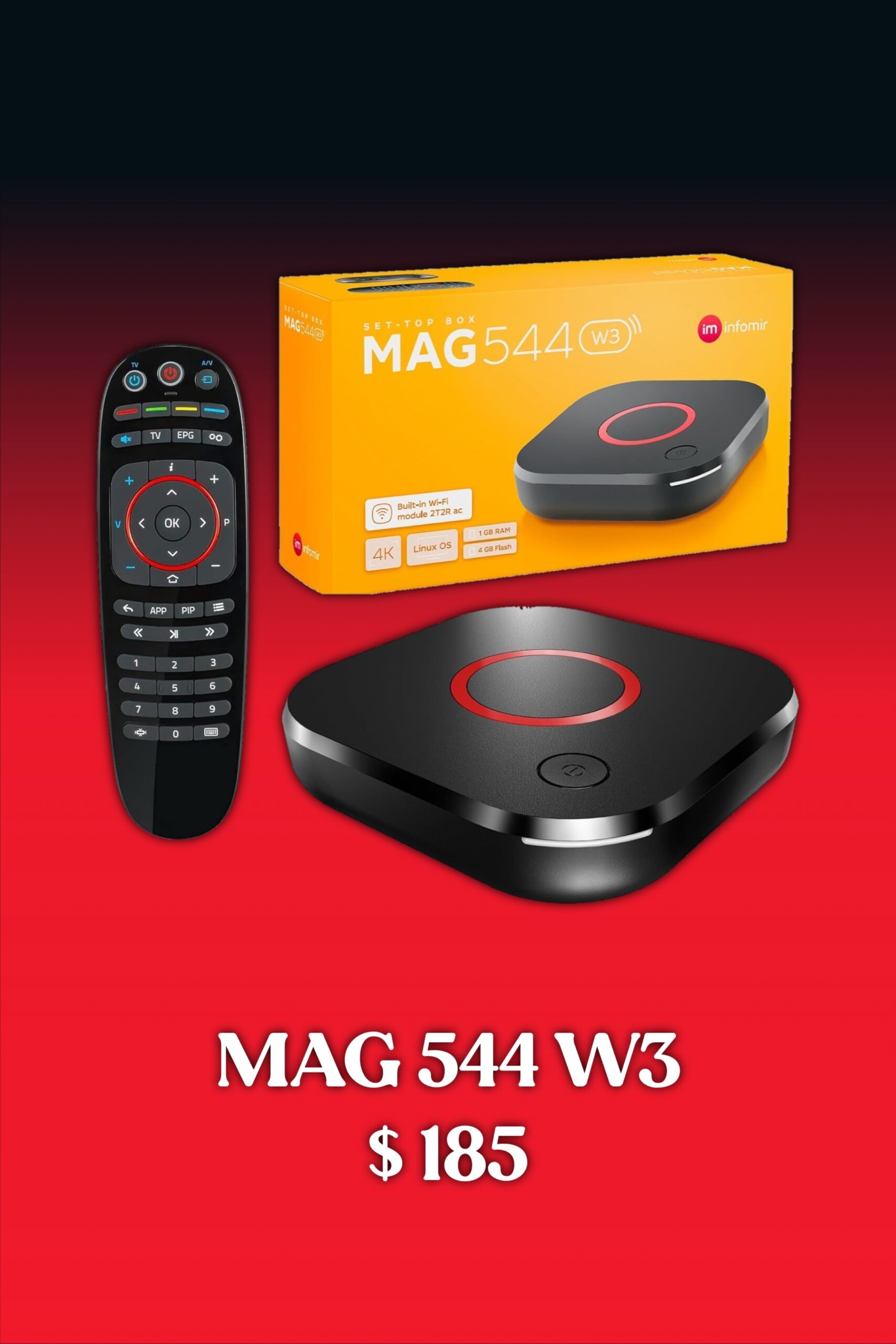 A set-top box labeled MAG 544 W3 for IPTV Latino, with a remote control and packaging, is displayed on a red and black background. The price listed below is $185.