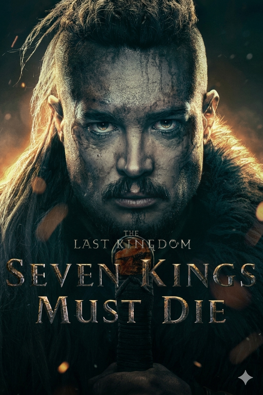 A fierce, battle-worn man with braided hair and an intense gaze is shown in close-up. He wears a fur cloak, set against a dark, dramatic background. The text reads, The Last Kingdom: Seven Kings Must Die—now streaming on IPTV Latino.