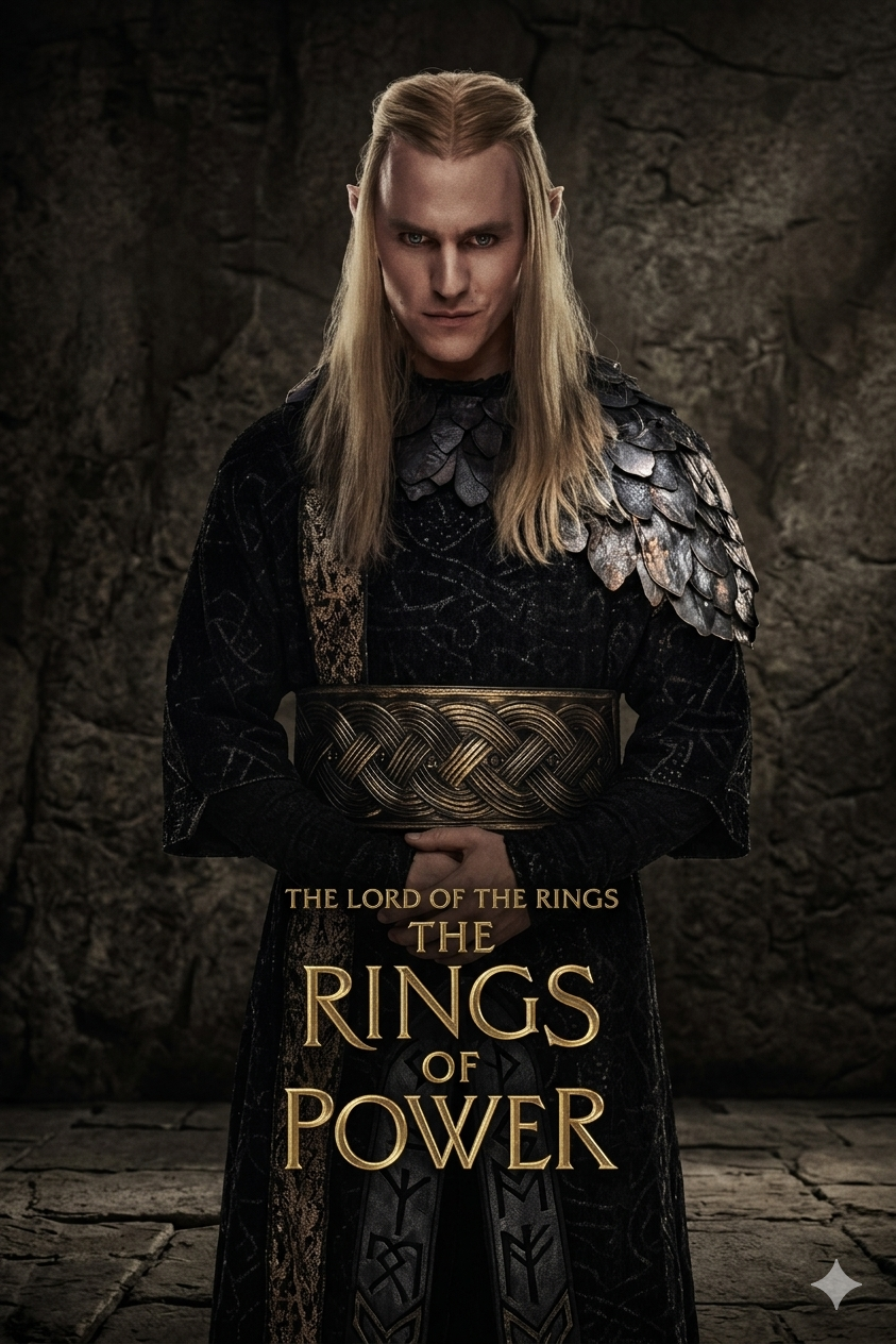 A character with long blond hair and pointed elf ears stands against a stone wall, wearing ornate black robes and armor. Text reads “The Lord of the Rings: The Rings of Power” on IPTV Latino.