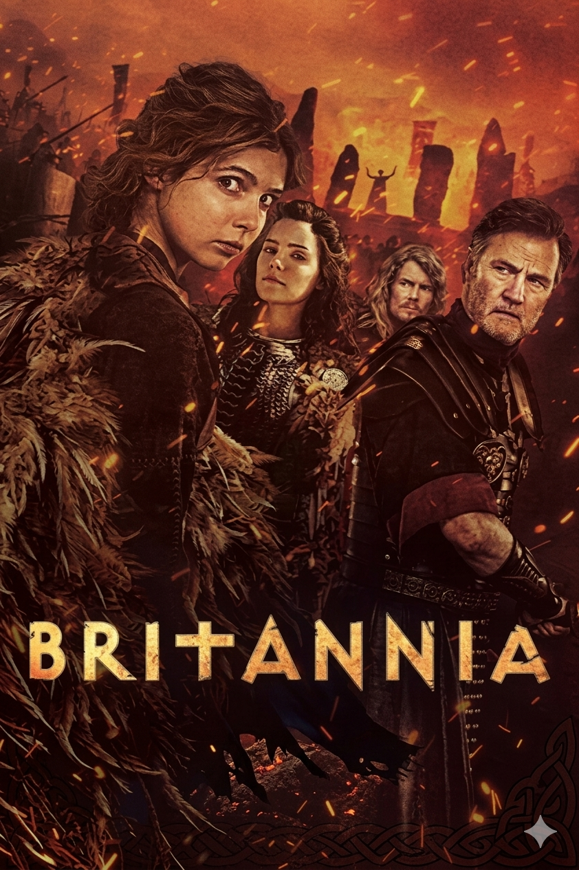 Four characters in ancient, fur-trimmed costumes stand before flaming ruins and stone monoliths. The word BRITANNIA appears in bold letters below, evoking a dramatic scene worthy of an epic IPTV Latino production.