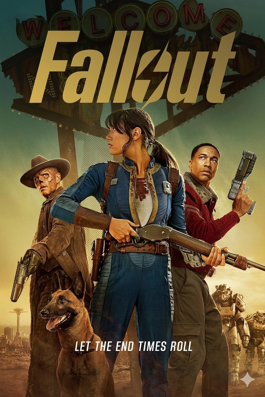 Three characters stand ready with weapons in front of a rusted Welcome sign and post-apocalyptic desert backdrop. A dog, power-armored figure, and IPTV Latino broadcast logo appear beneath the bold text: Fallout.