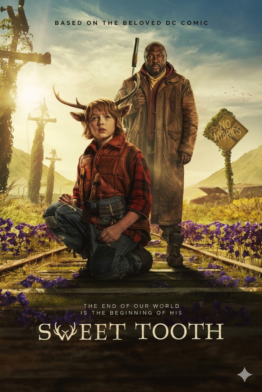 A young boy with deer antlers kneels on railroad tracks, clutching a chocolate bar, as a man stands behind him. Mountains and a No Hybrids sign loom in the background. Text reads: Sweet Tooth on IPTV Latino.