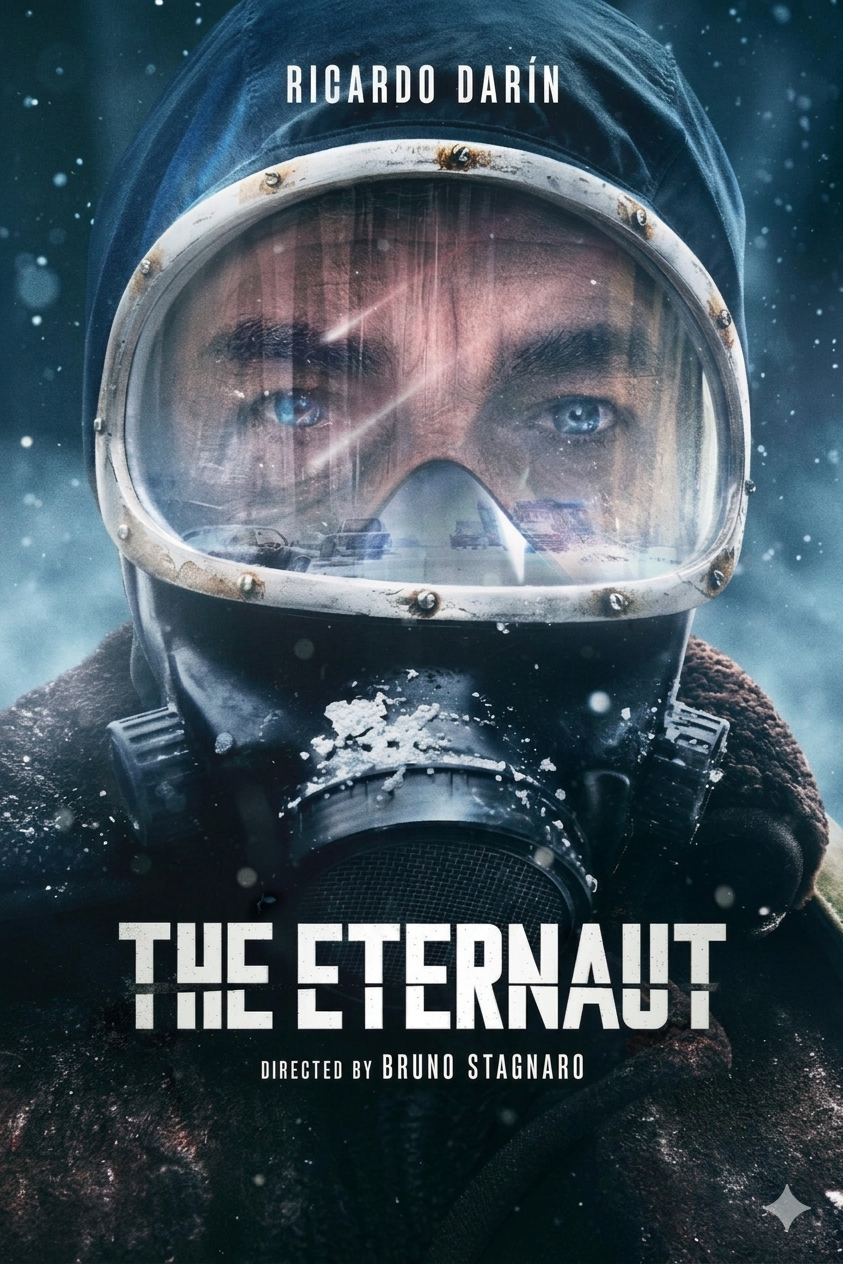 A person in a winter coat and a foggy, snow-flecked diving mask stares ahead intensely. Above, the text reads RICARDO DARÍN. Below, large text says THE ETERNAUT, streaming now on IPTV Latino. Directed by Bruno Stagnaro underneath.