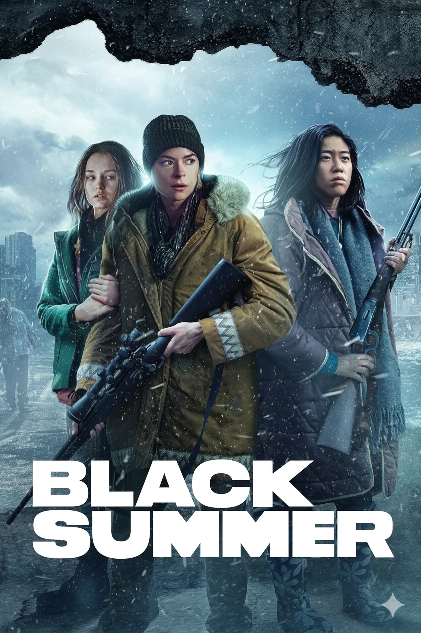 Three women in winter clothing stand together, holding rifles, against a snowy, post-apocalyptic city backdrop. The title Black Summer is displayed in bold white letters at the bottom, highlighting its availability on IPTV Latino.