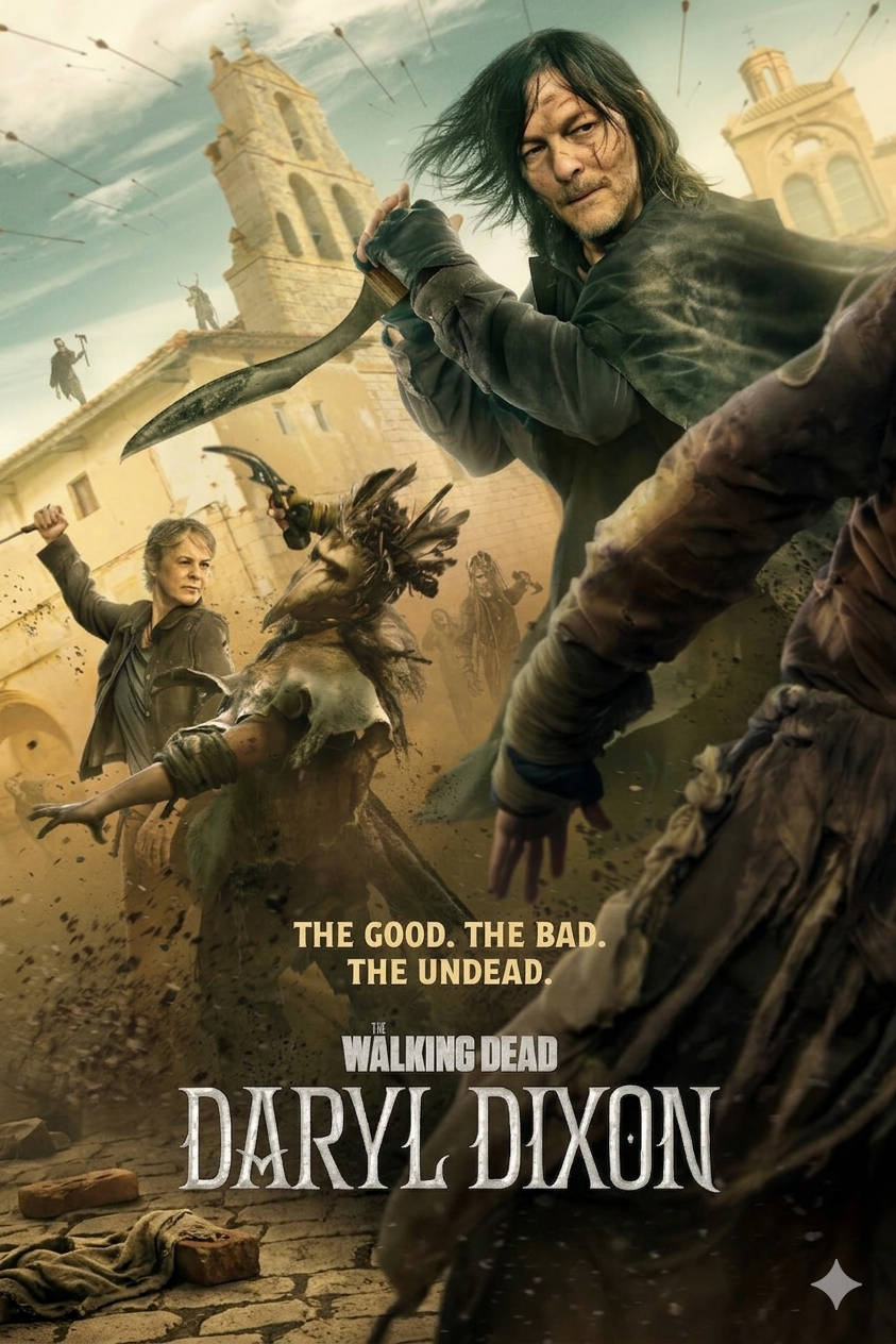 Poster for The Walking Dead: Daryl Dixon shows Daryl wielding a weapon, fighting off zombies in a ruined city. IPTV Latino fans can spot another character battling nearby. The tagline reads, THE GOOD. THE BAD. THE UNDEAD.