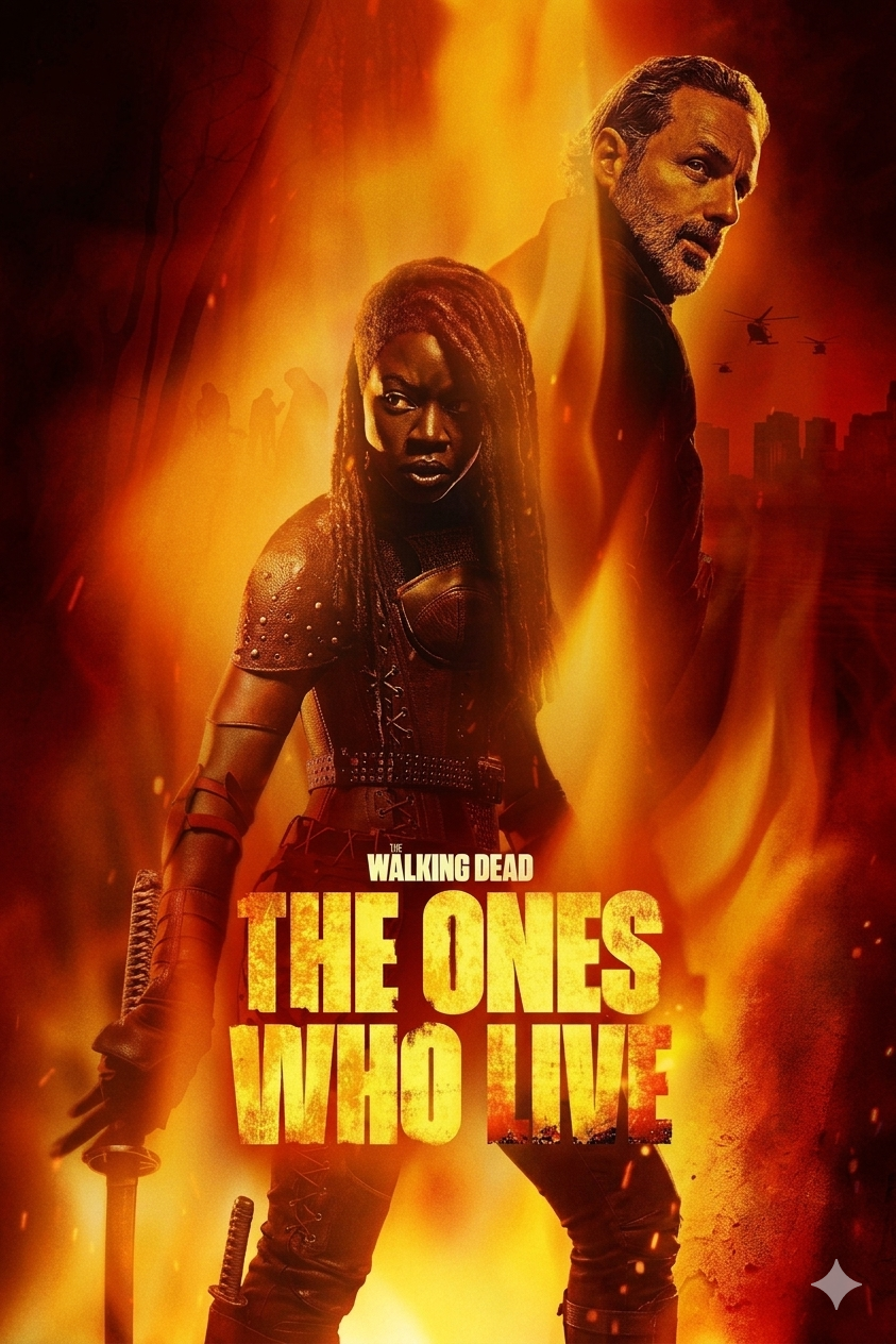 Two characters stand back-to-back surrounded by flames, holding weapons. The title “The Walking Dead: The Ones Who Live” appears in bold yellow letters at the bottom, perfect for IPTV Latino viewers seeking intense action and drama.
