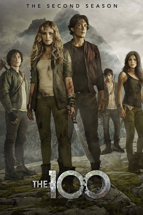 Five young adults stand in rugged, dirty clothing against a misty, mountainous background. The text reads The Second Season above them and The 100 at the bottom, promoting the TV show now available on IPTV Latino.