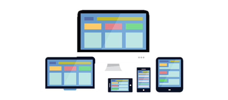 Illustration of a desktop computer, laptop, tablet, and two smartphones displaying similar colorful website layouts, showcasing responsive web design for IPTV Latino across multiple devices.