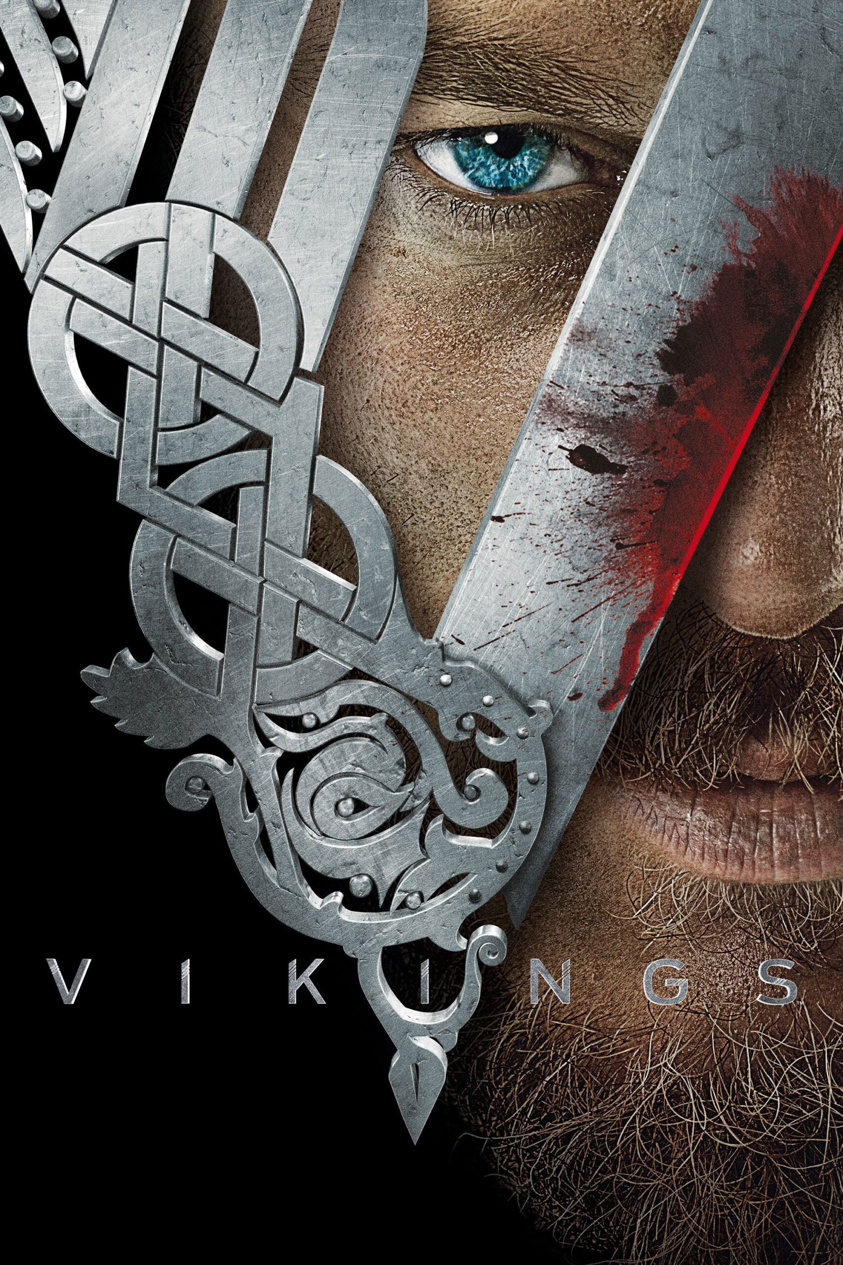 A close-up of a man's intense blue eye and part of his face, partially covered by a decorated metal helmet with bloodstains. Below, VIKINGS appears in bold letters, hinting at IPTV Latino access to epic sagas.