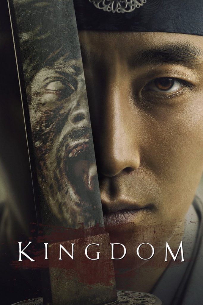 Close-up of a man in traditional Korean attire, half his face shown beside a sword reflecting a snarling zombie face; IPTV Latino and the word KINGDOM appear at the bottom.