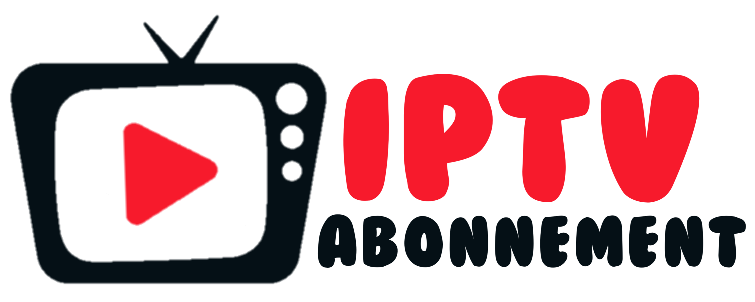 Red TV icon with a play button on the screen, next to the text IPTV ABONNEMENT where IPTV is in white and ABONNEMENT is in bold red letters.